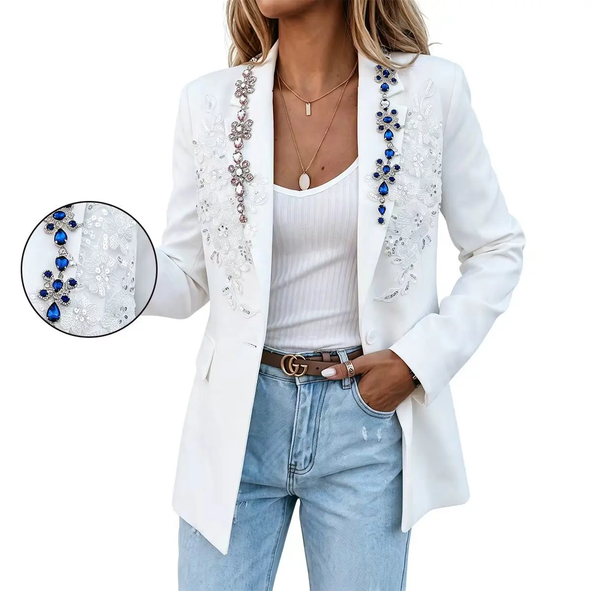 Womens White Blazer Jacket Notched Lapel Single Button Lace Applique Blue Pink Rhinestone Crystal Embellished Suit Coat Slim Fit Outerwear For Office Business Wedding Party Evening Casual Street Daily Stylish Outfit