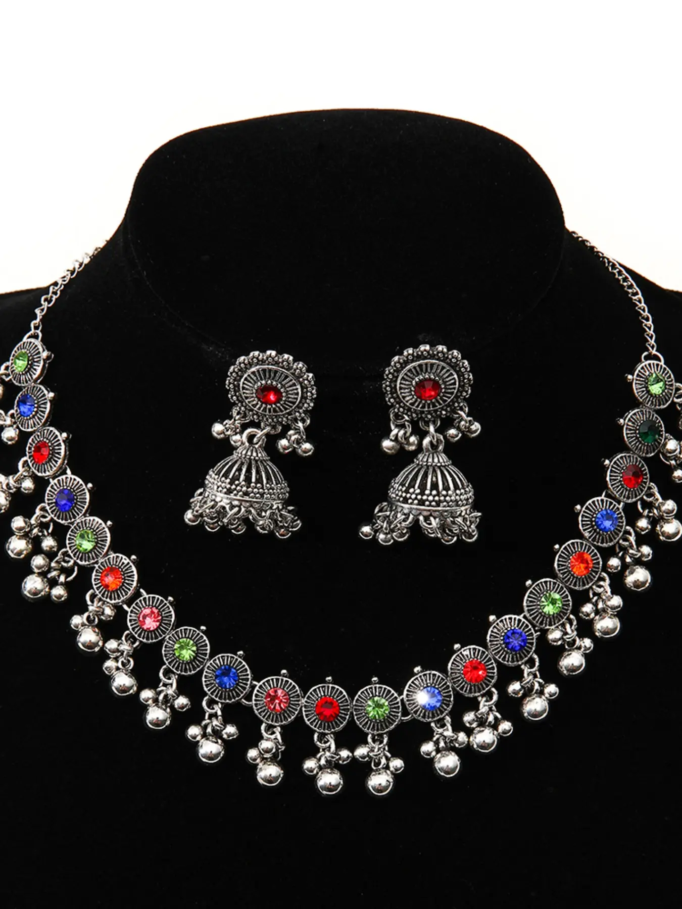 Vintage Ethnic Silver Color Bell Fringe Jewelry Set, Multicolor Rhinestone Necklace and Indian Bell Drop Earrings, Bohemian Style Accessories