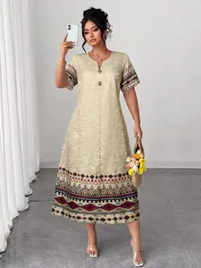 Plus Size Women's Casual Elegant Geometric Print Dress, Loose Fit V Neck Short Sleeve, Button Decor, Lightweight for Spring Summer
