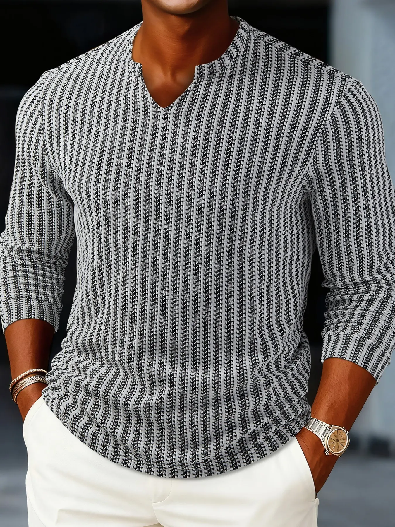 Men's Long Sleeve V-Neck T-Shirt, Breathable Casual Top, Button Front, Colorblock Design, Fitted A-Type, Fall & Winter Wear