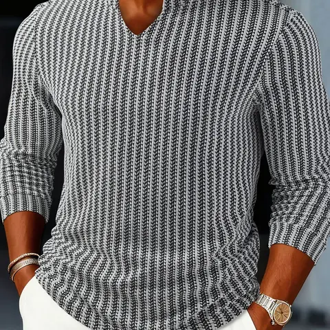 Men's Long Sleeve V-Neck T-Shirt, Breathable Casual Top, Colorblock Striped Design, Fitted Silhouette, Fall & Winter Wear, Casual Fashion Clothing