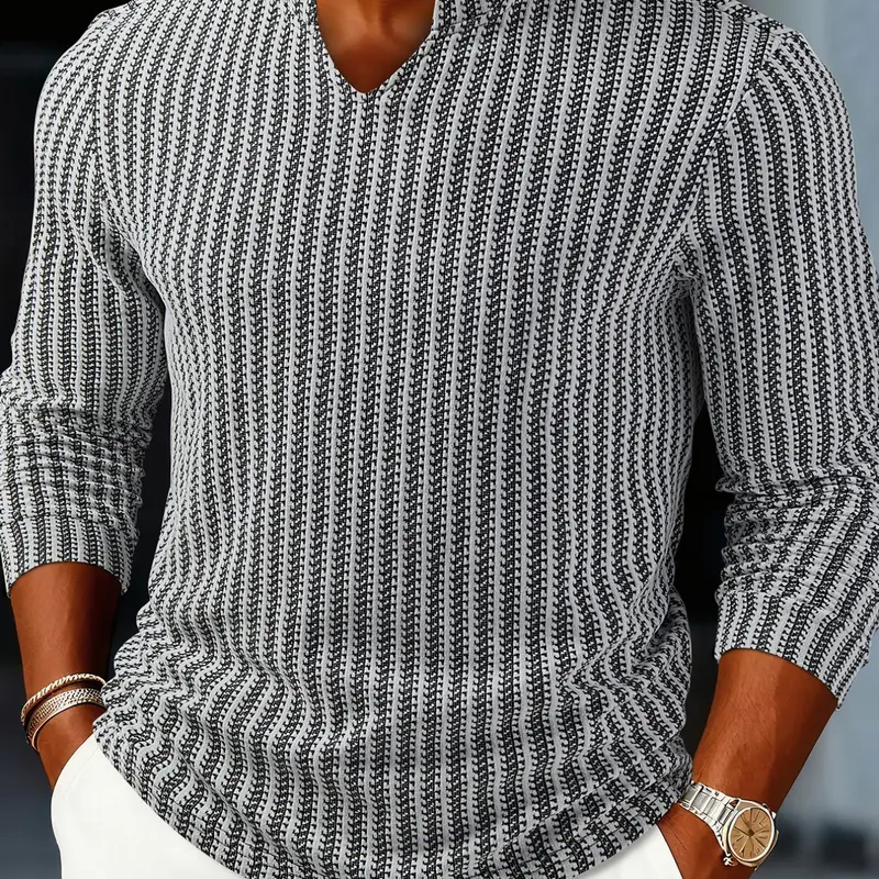 Men's Long Sleeve V-Neck T-Shirt, Breathable Casual Top, Colorblock Striped Design, Fitted Silhouette, Fall & Winter Wear, Casual Fashion Clothing