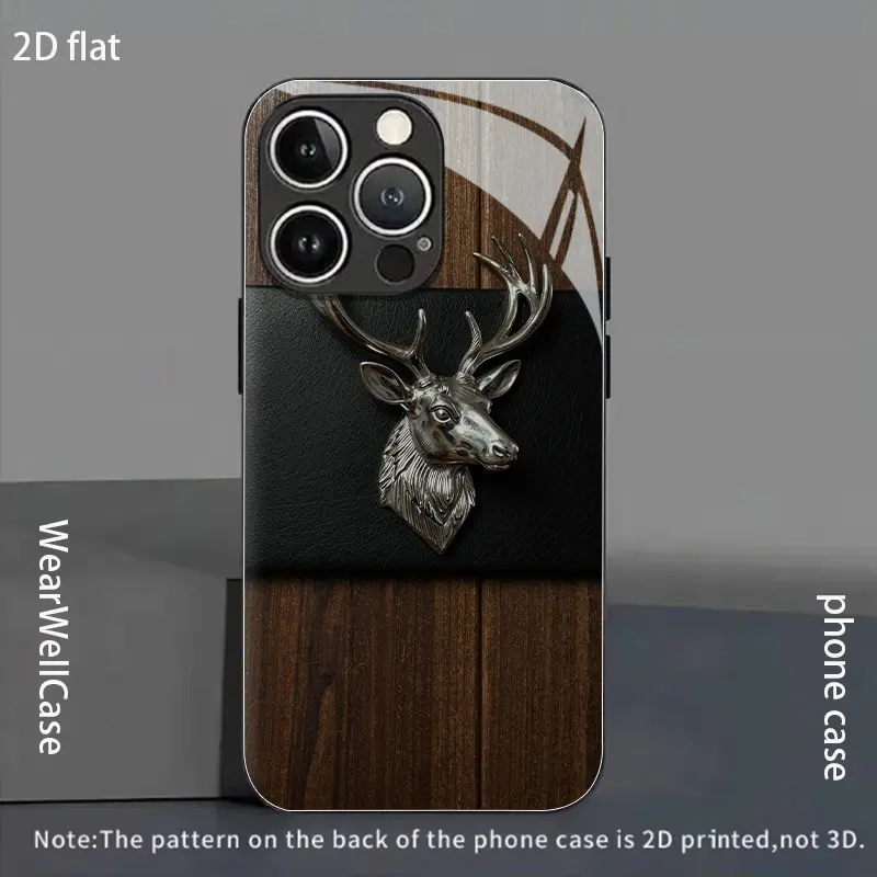 Phone Case: Silver Stag Head Decorative Door Knob for Rustic Home Decor Black Tempered Glass Phone Case, for iphone17 Air 16 15 Pro Max 14 Plus 13 12 11 Series, Minimalist Premium Versatile Shockproof Protective Cover, Unisex