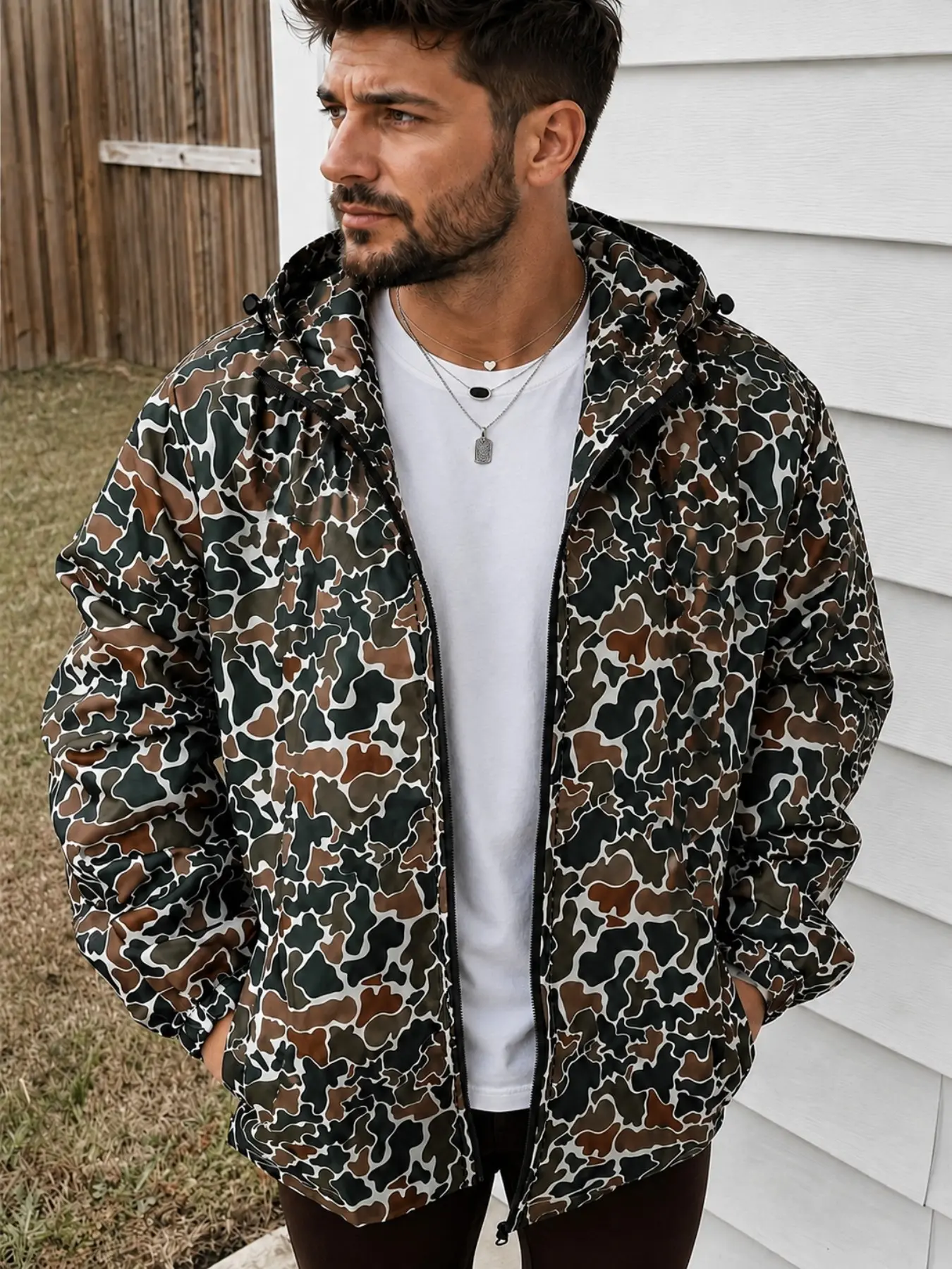 Men's Fall Winter Camouflage Hooded Windproof Jacket, Retro Military Style, Drawstring, Casual Streetwear, Outdoor & Urban Fashion