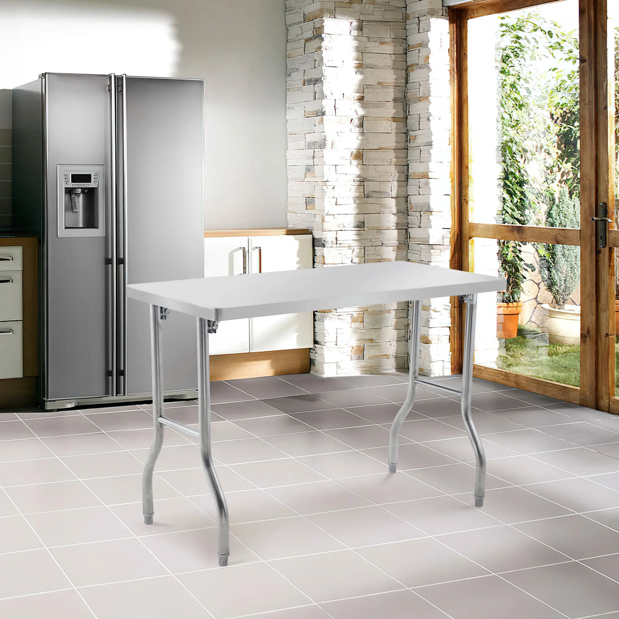 Folding Work Table 48×30" – Stainless Steel, Seamless Top – 220lbs, Adjustable Legs – Commercial Kitchen/Garage – Rust-Resistant, Space-Saving