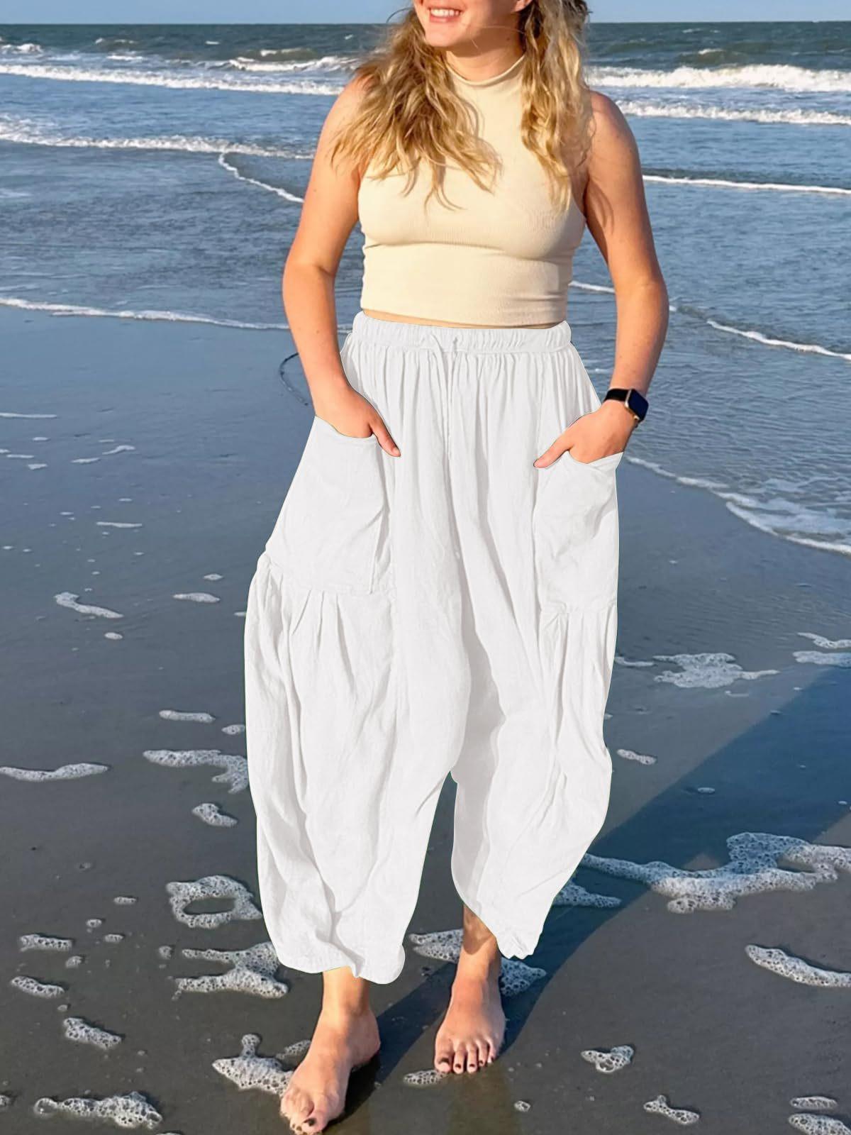 Women's Elastic Waist Pleated High Waist Wide Leg Pants Loose Casual Linen Cotton Long Trousers Breathable Summer Beach Outfit