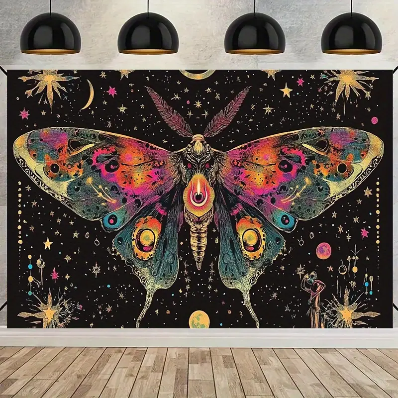 Bohemian Moth Butterfly Tapestry Wall Art with Celestial Stars Moon Print for Party Photography Studio Bedroom Living Room Outdoor Aesthetic Decor Wall Hanging,Boho,Floral