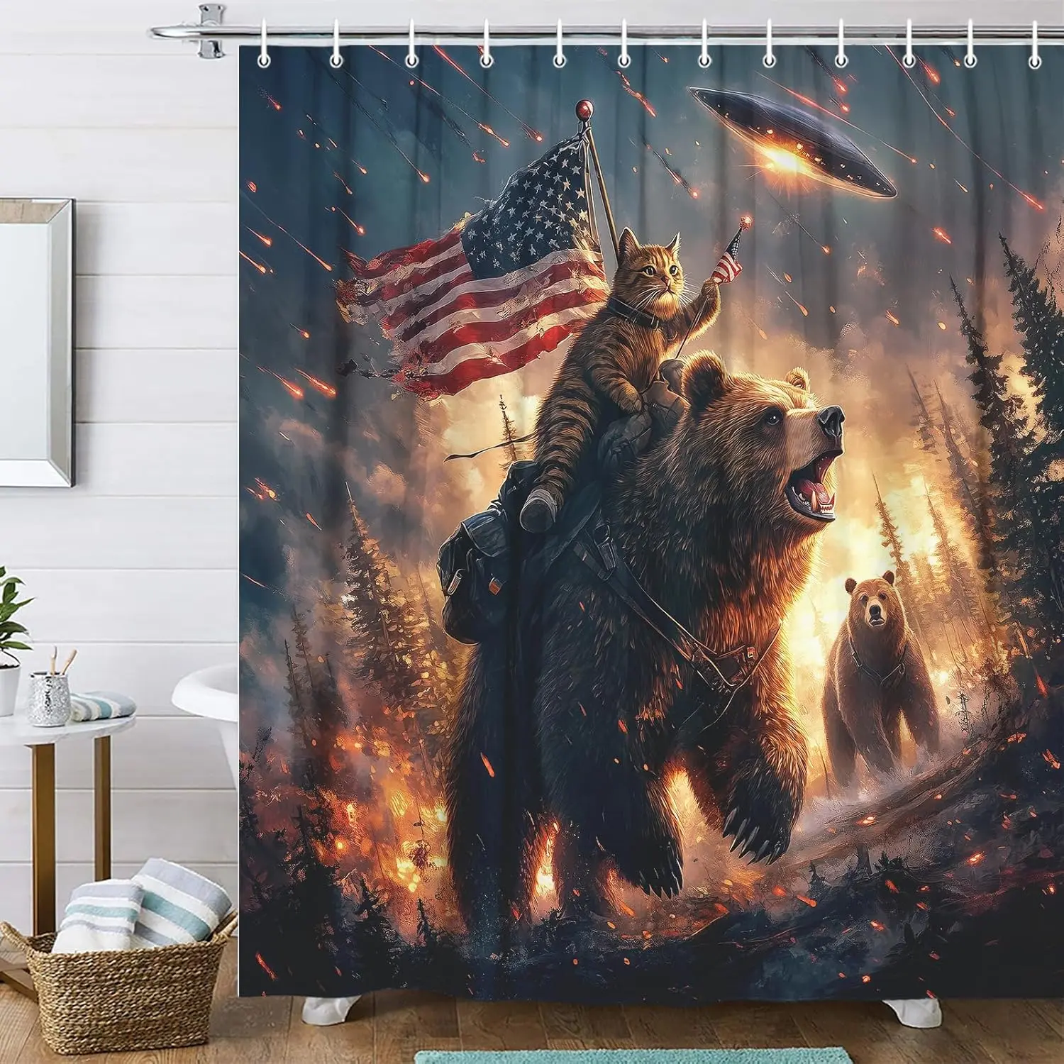 Funny Bear Shower Curtain, Cool Cat Riding Bear on Rustic Cabin Forest Woodland, Funky Anime UFO Spaceship Animal Shower Curtain, Funny Shower Curtains, Kids Men Boys Decor with Hooks
