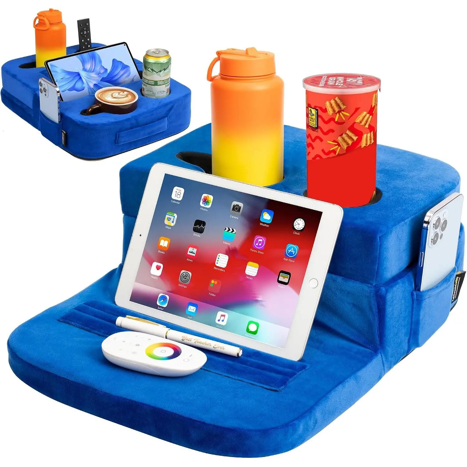 Couch Cup Holder Tray Pillow - Bed, Couch , Sofa, RV &  - Holds Drinks, Snacks, Remotes, Phones, Kindle, Tablet | Bed Cup Holder (Blue)