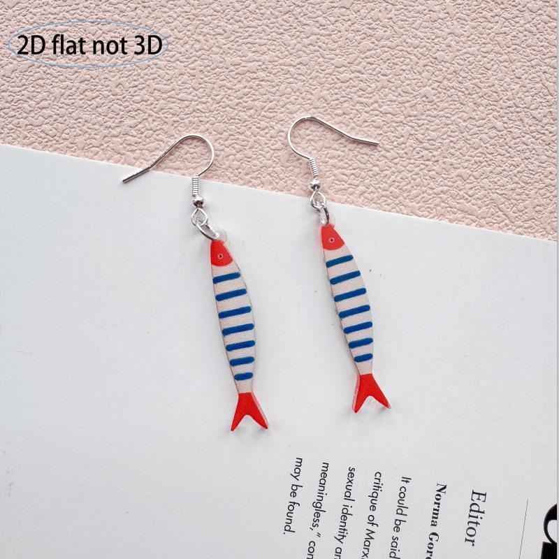 Cartoon Cute Fish Earrings 2D Flat Acrylic European and American Fashion Creative Blue and White Striped Small Fish Earrings