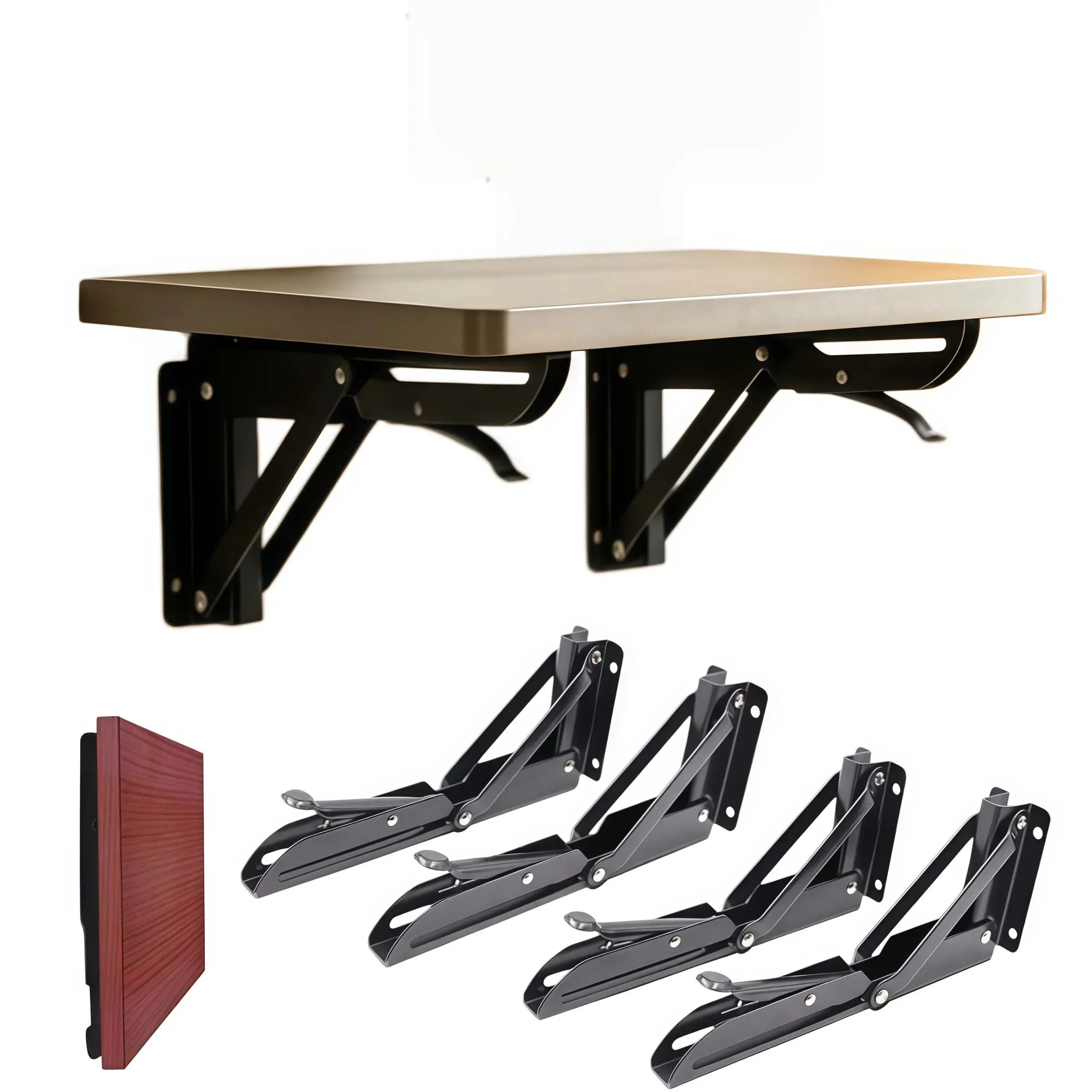 Heavy Duty Adjustable Folding Shelf Brackets, Space Saving Design, 90° Wall Mounted Carbon Steel Support Brackets, Reinforced Triangle Foldable Shelf Hardware for Workbench, Garage Storage, Office Shelving and Home Organization