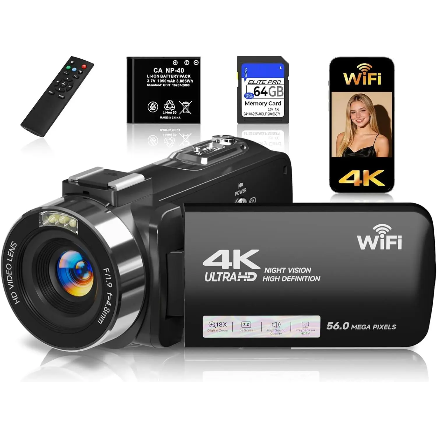4K Video Camera Camcorder with 64GB SD Card, 56MP WiFi Vlogging Camera for YouTube, IR Night Vision, 3.0"  Screen, 18X Zoom, Webcam & Remote, Black