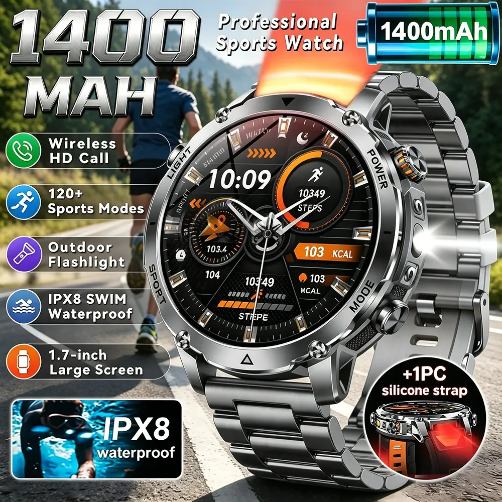 Men's Smartwatch, 120-Day Standby, 4.32cm HD Touchscreen, 1400mah Battery, Dual Sos LED Flashlight, 120+ Sports Modes, Bluetooth-compatible, Perfect Gift