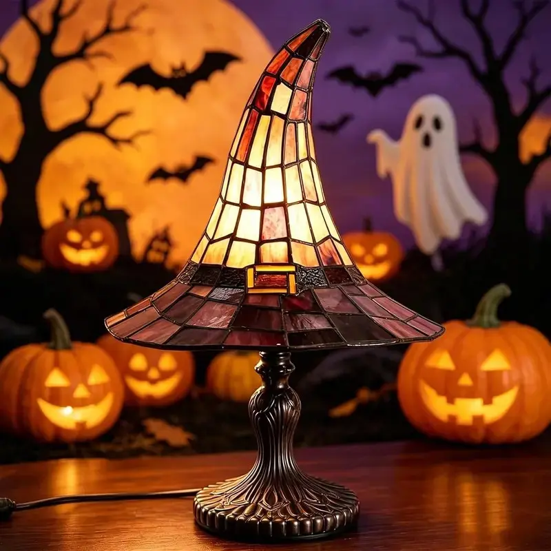 Stained Glass Witch Hat Lamp -DEALS FOR YOUHandcrafted Retro Resin Witch Lamp, USBPowered Gothic Wizard Hats Night Light, Halloween Home Decor Decoration Accent Lamps Lighting forBedroom & Bookshelf