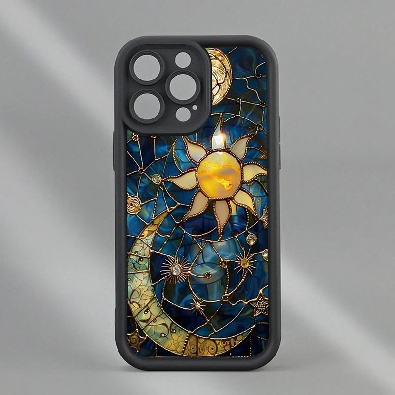 Vintage Phone Case Moon and Sun Pattern Case for IPhone 16 15 14 Pro Max 13 12 11 XR XS Plus Shockproof Non Slip Military-Grade Protection Silicone Cover