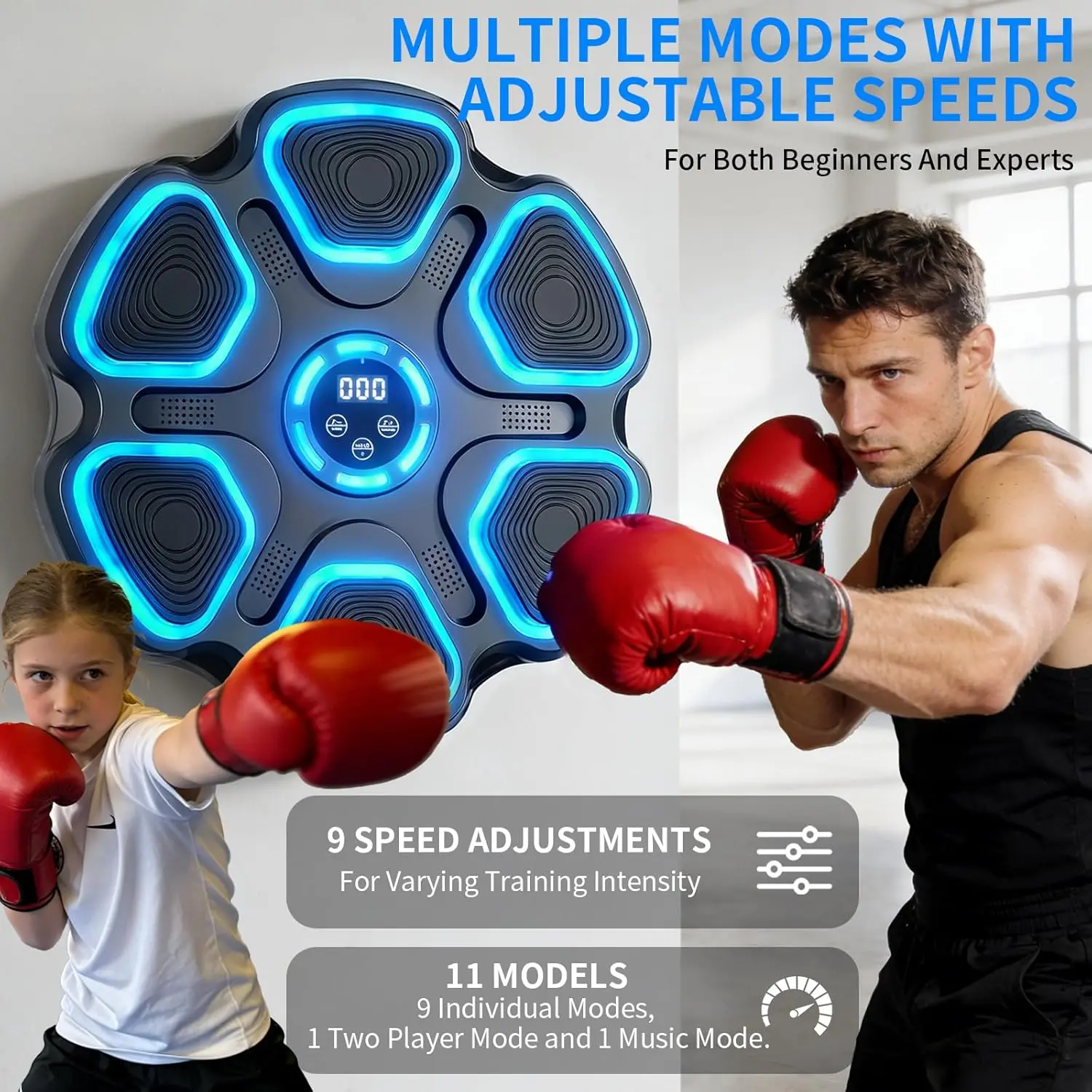 Wall Mounted Music Boxing Machine Set - Smart Bluetooth Punching Trainer with Blue Light, 11 Modes, 9 Speeds for Martial Arts Home Gym, Includes Gloves & Reflex Ball for Beginners, Unisex, Home Gym Equipment, Reflex Ball Included