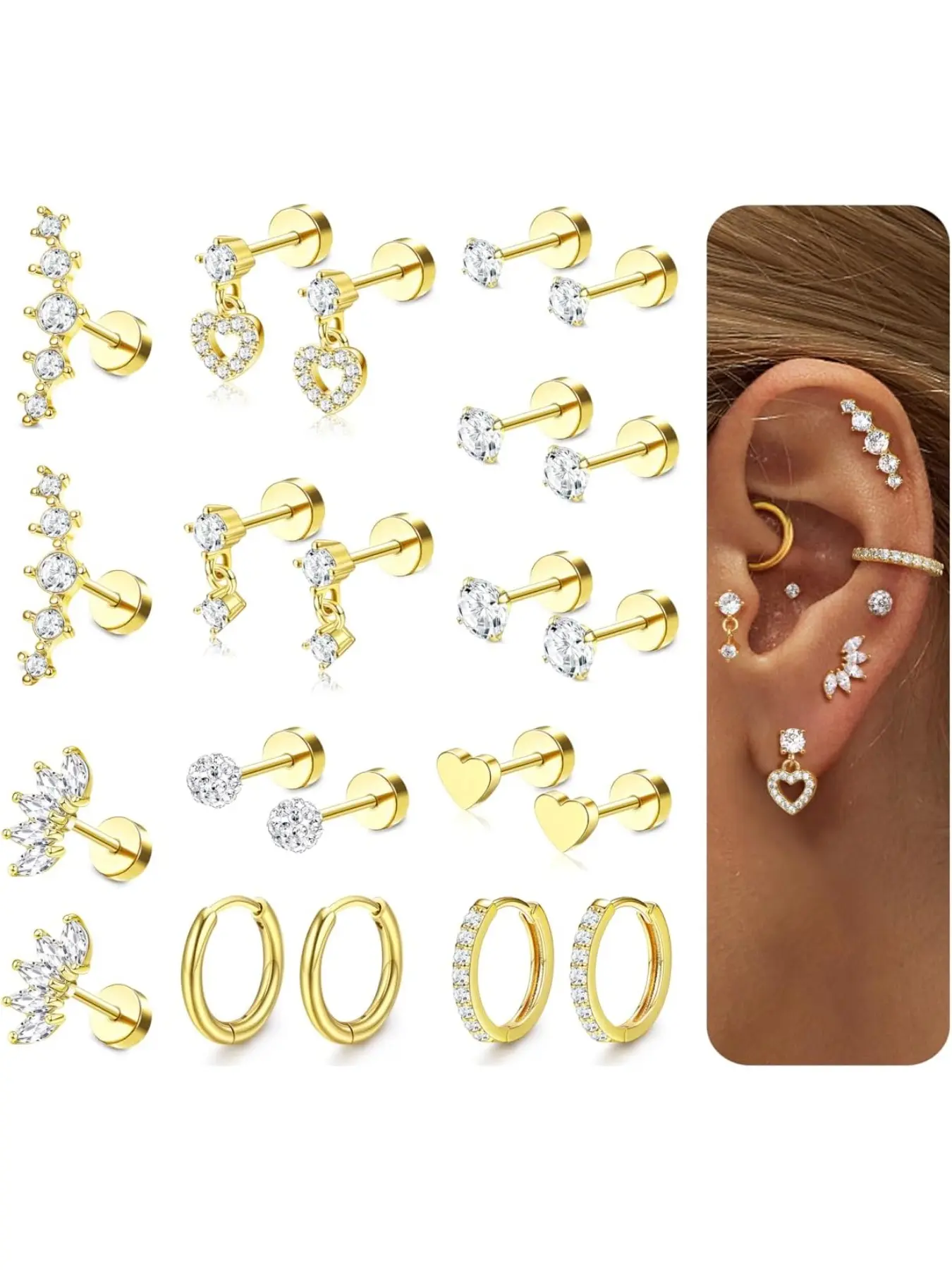 Hypoallergenic Flat Back Earrings for Women, 20g Surgical Stainless Steel, Daith Conch Tragus Helix Piercing Jewelry, Casual Daily Wear