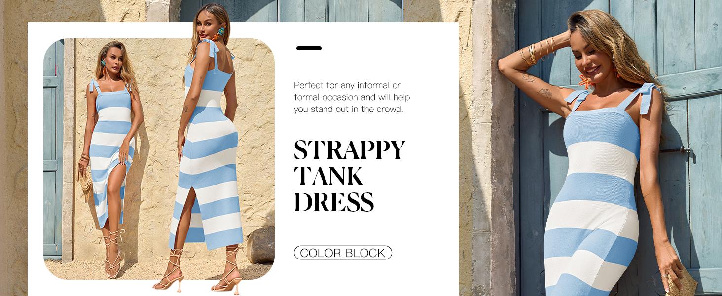 Saodimallsu Women's Summer Sleeveless Bodycon Sweater Dress Striped Knit Square Neck Side Slit Midi Tank Dress for Trendy Vacation Outfits Casual Fabric Womenswear Womenswear Chic Chic Elegance Swimsuit Elegance Clothes