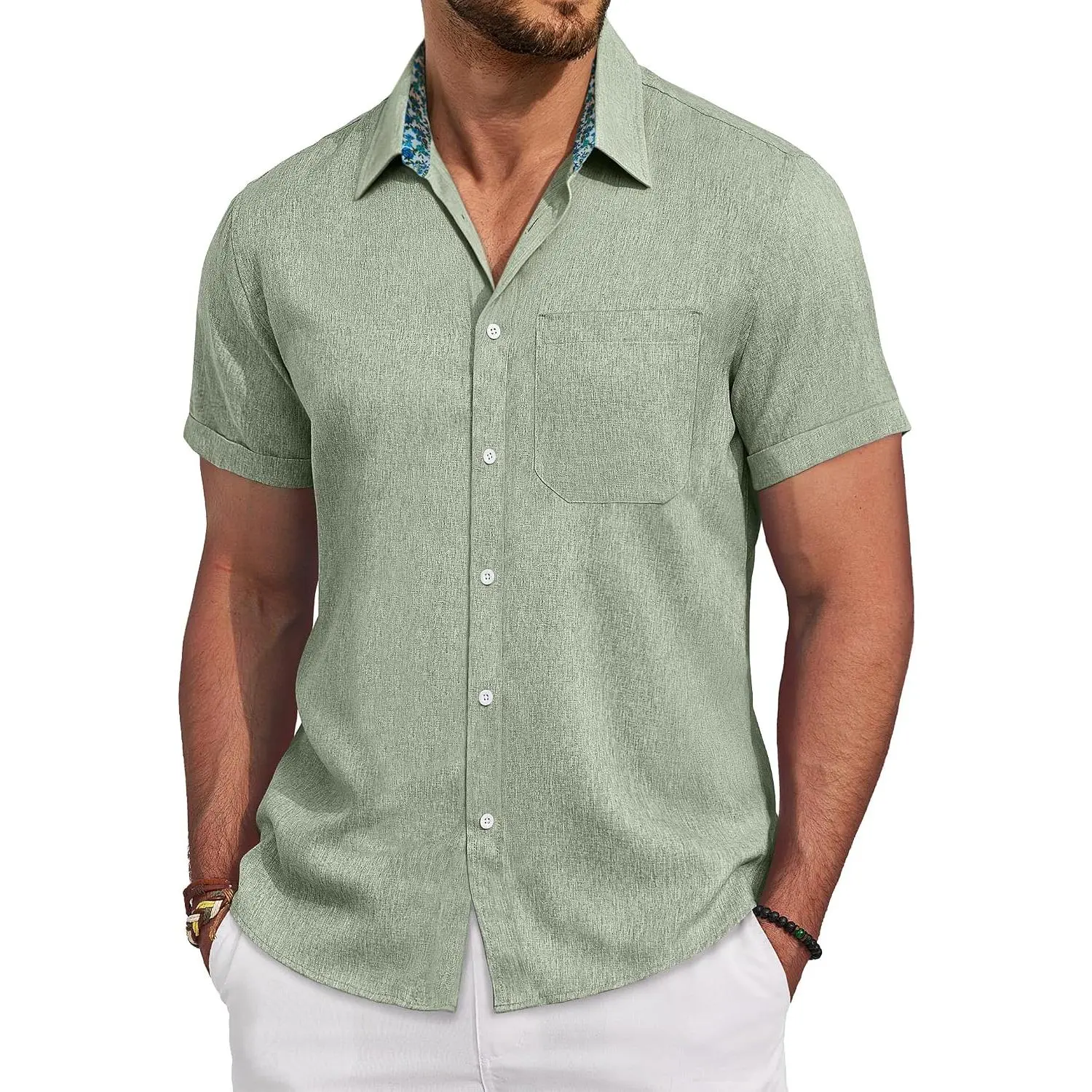 Linen Shirt Short Sleeve Button Down Shirt Casual Beach Wedding Shirts
