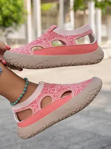 Hollow Out Flyknit Shoes, Breathable Thick Sole Women's Summer Slip-On Casual Sandals, Round Toe, Wide Fit, Low Top