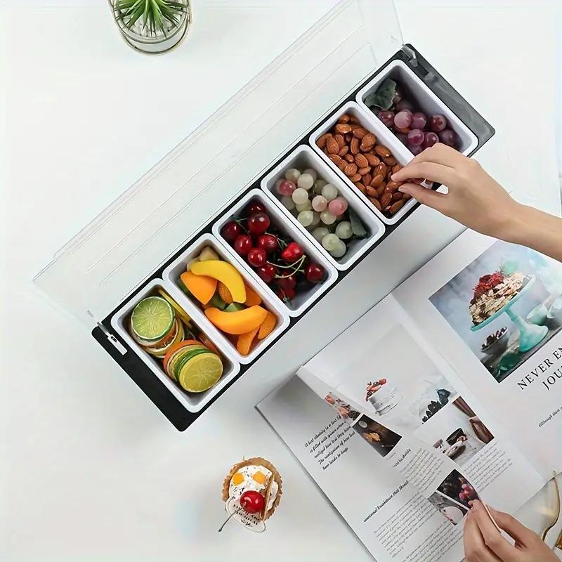 6-grid Ingredient Station, 1 Set Durable Plastic Ingredient Storage Box with Lid, Food Storage Container for Bar, Ice Cream Shop, Salad Bar, Kitchen