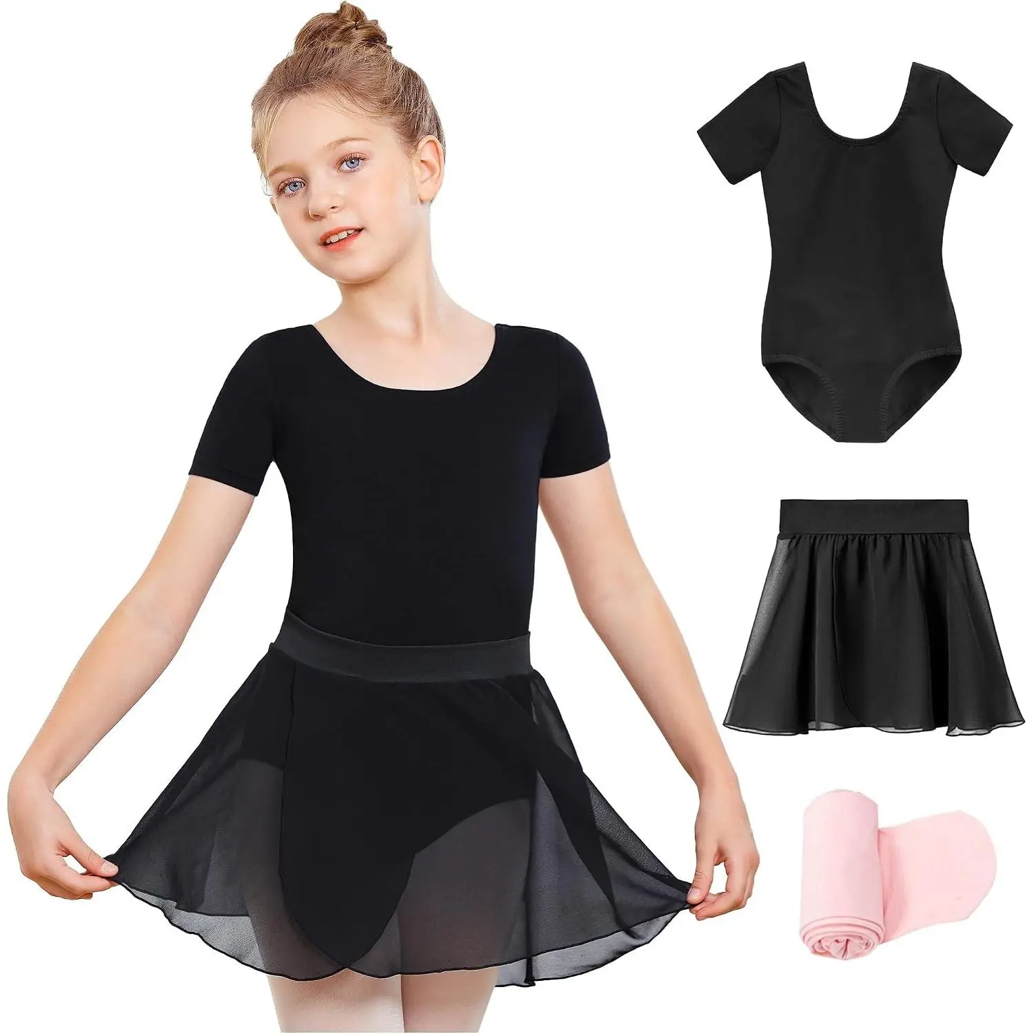 Girls Ballet Dance Outfit with Leotard, Skirt & Footed Tights(Gift)