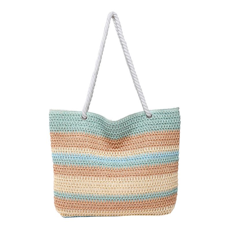 2026 New Women Fashion Shoulder Bag Rainbow Striped Color Block Straw Bag Large Capacity Beach Bag for Vacation