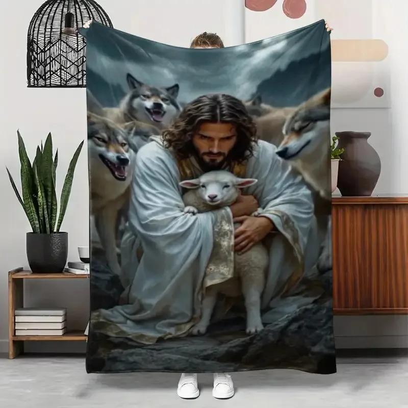 God's Redemption Jesus Sheep Design Flannel Blanket Digital Plush Nap Blanket Soft Warm for All Seasons Ideal for Sofa Office Travel Camping Bed Use