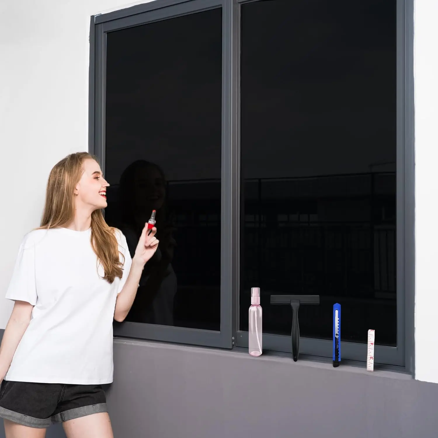 Total Blackout Window Privacy Film with Tools, Malleable Window Tint for Home, Two Sided Protective Film, Static Cling, Removable, Reusable, Anti-UV, Heat Blocking (Total Black, 17.5Inch*78.7Inch)