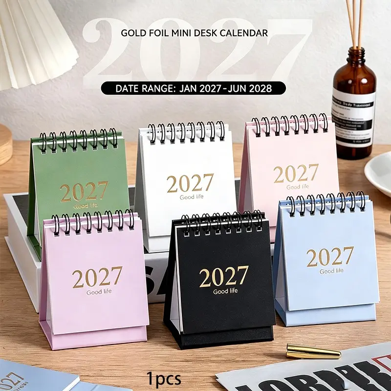 2027 Minimalist Morandi Mini Desktop Calendar, Gold Foil Portable English Planner, Simple Aesthetic Desk Decor, Office & Student Use, Monthly Planner