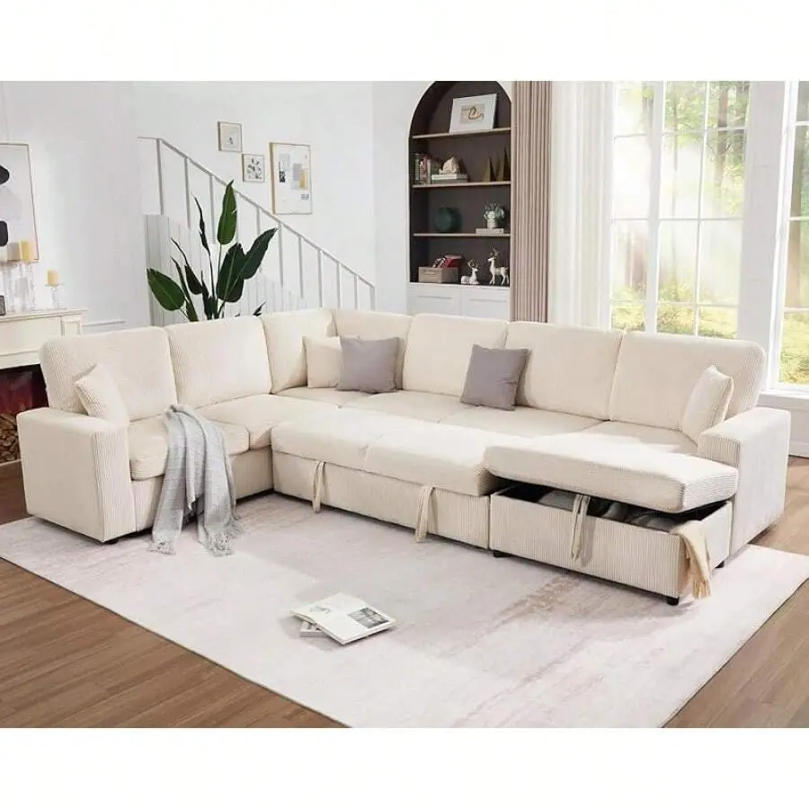 130'' Sofa Bed, Convertible Pull Out Sleeper Couch With Storage, Modern 6-Seater Sleeper Sofa Living Space, Stylish Living Room Furniture, Corduroy Beige Couch