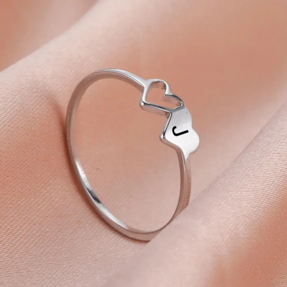 COOLTIME Initial Letter Ring for Women Stainless Steel A-Z Alphabet Double Heart Rings Simple Wedding Cheap Gift For Lover anxiety relief adjustable lady stylish daily jewelry