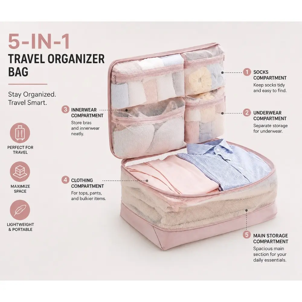 5-in-1 Travel Compression Packing Cubes | Breathable Mesh Air Release, Luggage Underwear Socks Clothes Organizer, Save 50% Space, Portable Travel Organizer