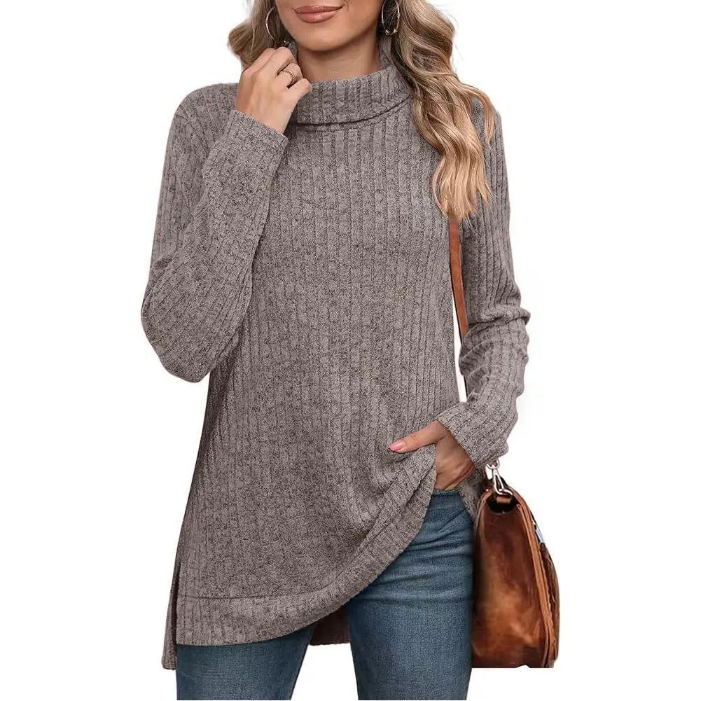 YF Women's Turtleneck Ribbed Knit Tunic Top, Long Sleeve Side Split Loose Pullover Sweater, Casual Soft Fall Winter Daily Loungewear Shirt, Dark Gray Khaki Black Light Gray Multi Sizes