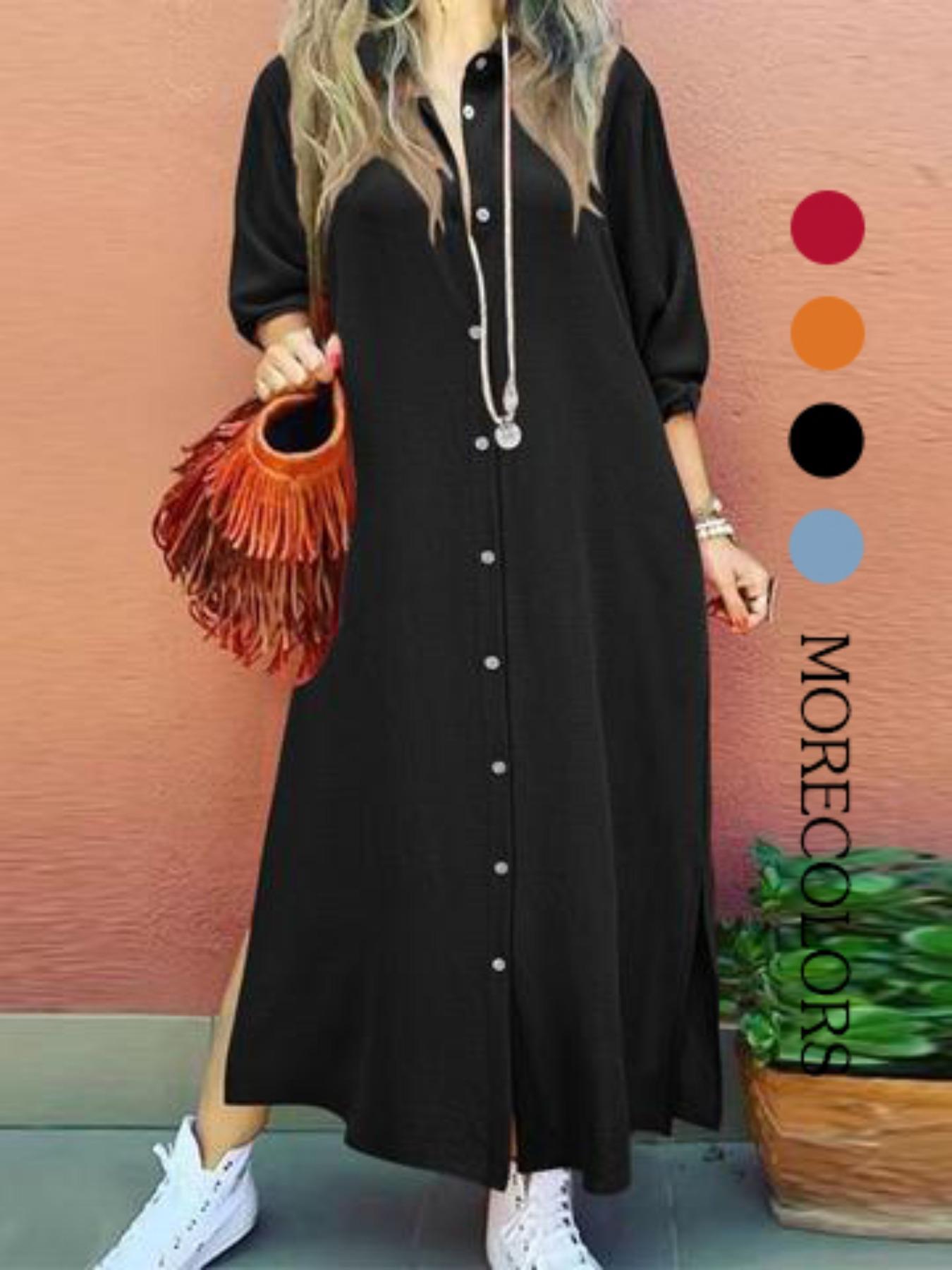 Women's Plain Collared Button Shirt Collar Long Sleeve Dress, Casual Fashion Long Dress for Daily Outdoor Wear, Women Dress for Spring, Womenswear