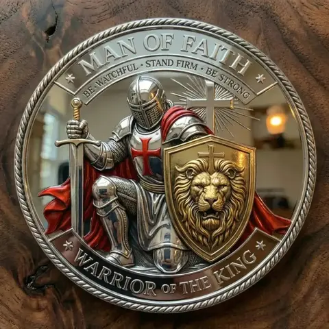 1pc 3D Man of Faith Christian Challenge Coin, Double Sided Knight Kneeling with Lion Medal, Warrior of the King Commemorative Coin, Religious Gift for Men, Christian Collectors & Veterans