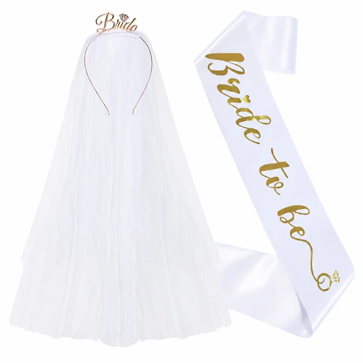 Bride to Be Veil and Sash Set, Bridal Headband with Double Layer Veil, White Bride to Be Sash, Bachelorette Party Wedding Accessories