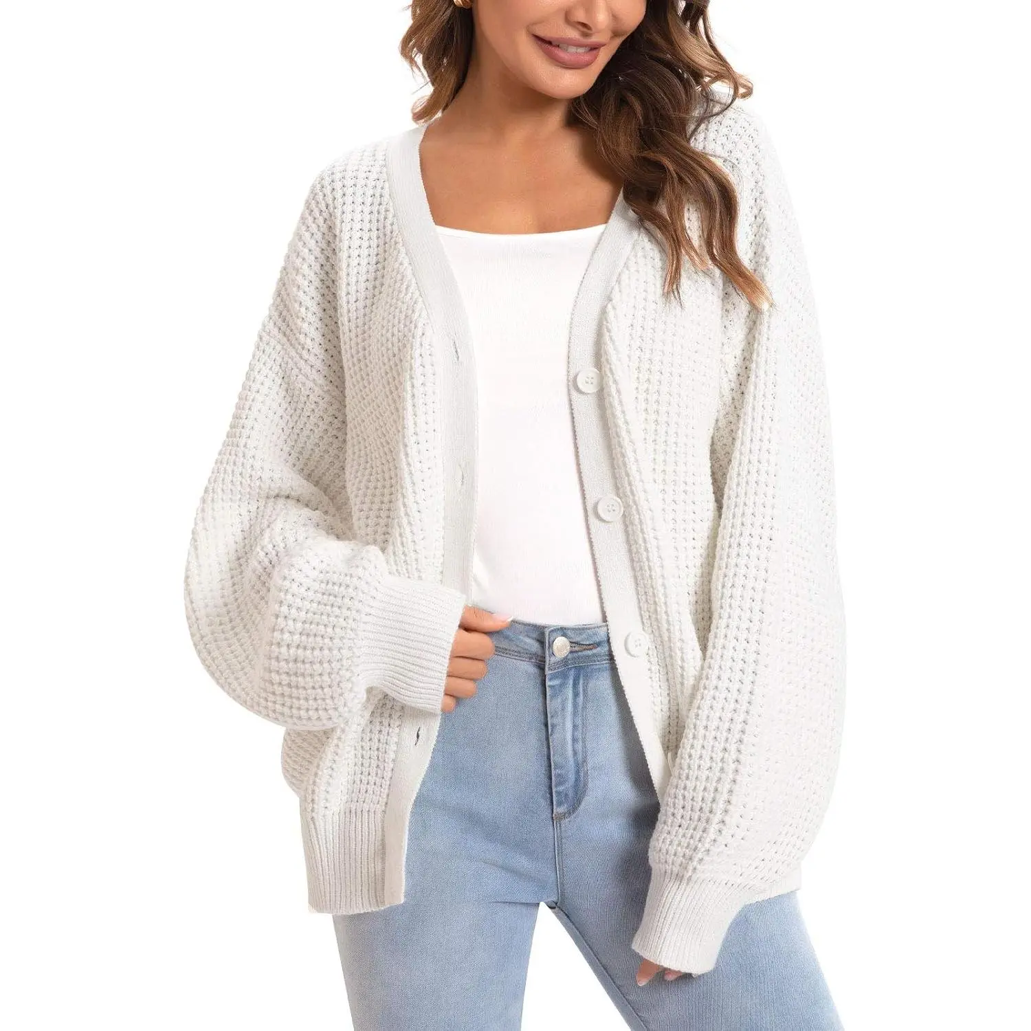 Women's Oversized 100% Cotton Cardigan Sweater| Long Sleeve V Neck Button Down Open Front Knit Outerwear