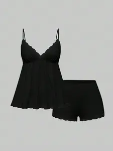 Women's 2-Piece Casual Pajama Set, Slim-Fitting Lace Cami Top and Shorts, Comfortable Sleepwear for Home, Stylish Lounge