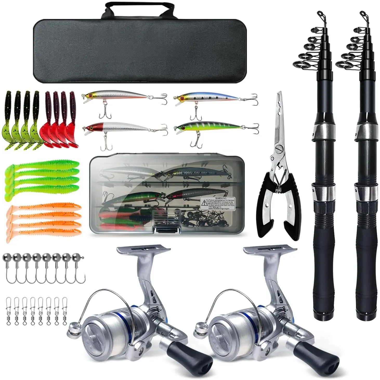 Fishing Rod Reel Combo - 2PCS 6.89ft Collapsible Rods 2PCS Spinning Reels Lures Set Fishing Pliers Carrier Bag  Travel Saltwater Freshwater Fishing Telescopic Fishing Pole Kit