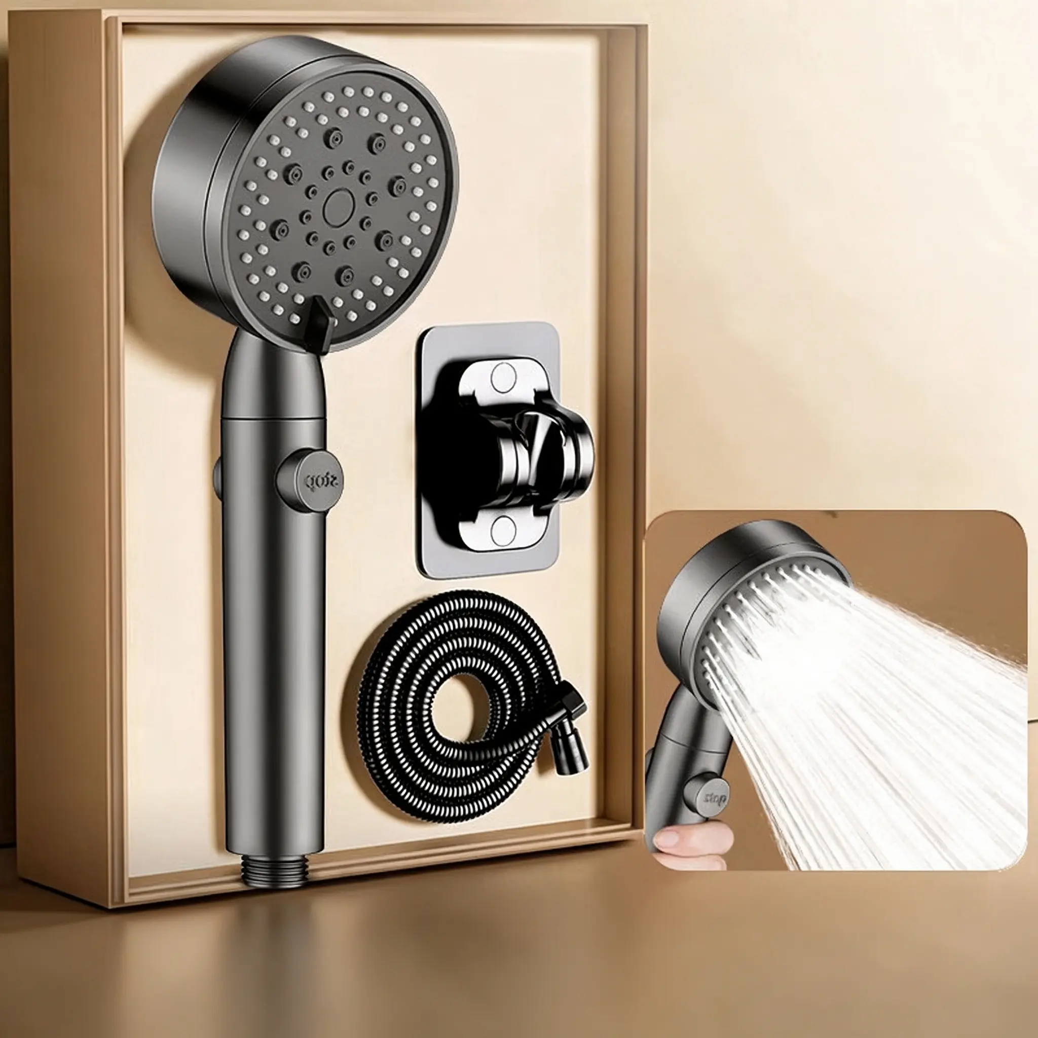 High Pressure Shower Head Set, Handheld Boost Showerhead with Hose & Bracket, Powerful Water Spray for Home Bathroom, Compatible with Water Heater, Bathroom Shower Accessory