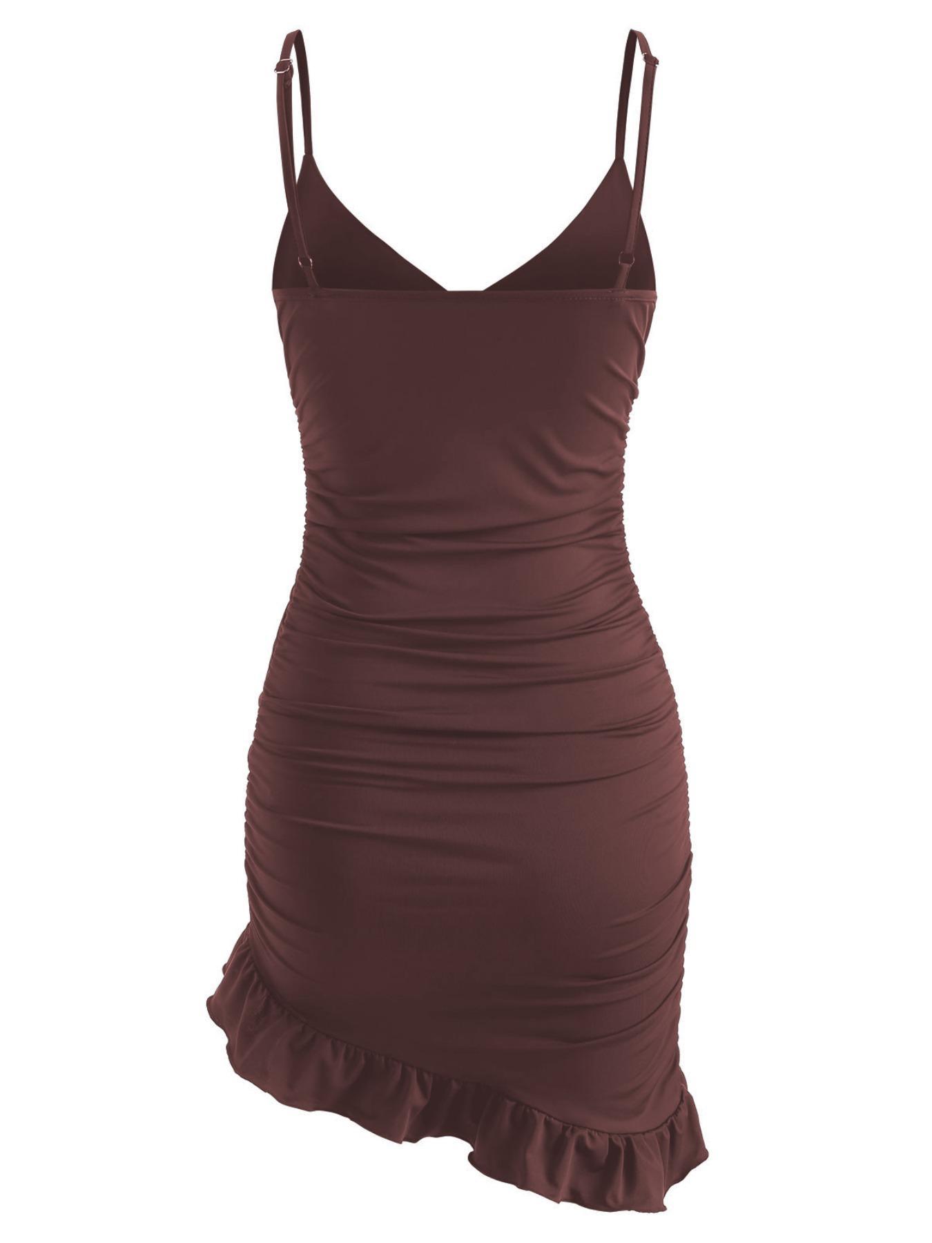 Women's Asymmetrical Ruffle Hem Ruched Cami Bodycon Dress, Summer Dresses, Chic Elegance, Casual Formal Womenswear, Sleeveless Adjustable Spaghetti Strap Mini Sundress for Party Holiday, Slim Fit Polyester Womenswear, Date Night Dresses