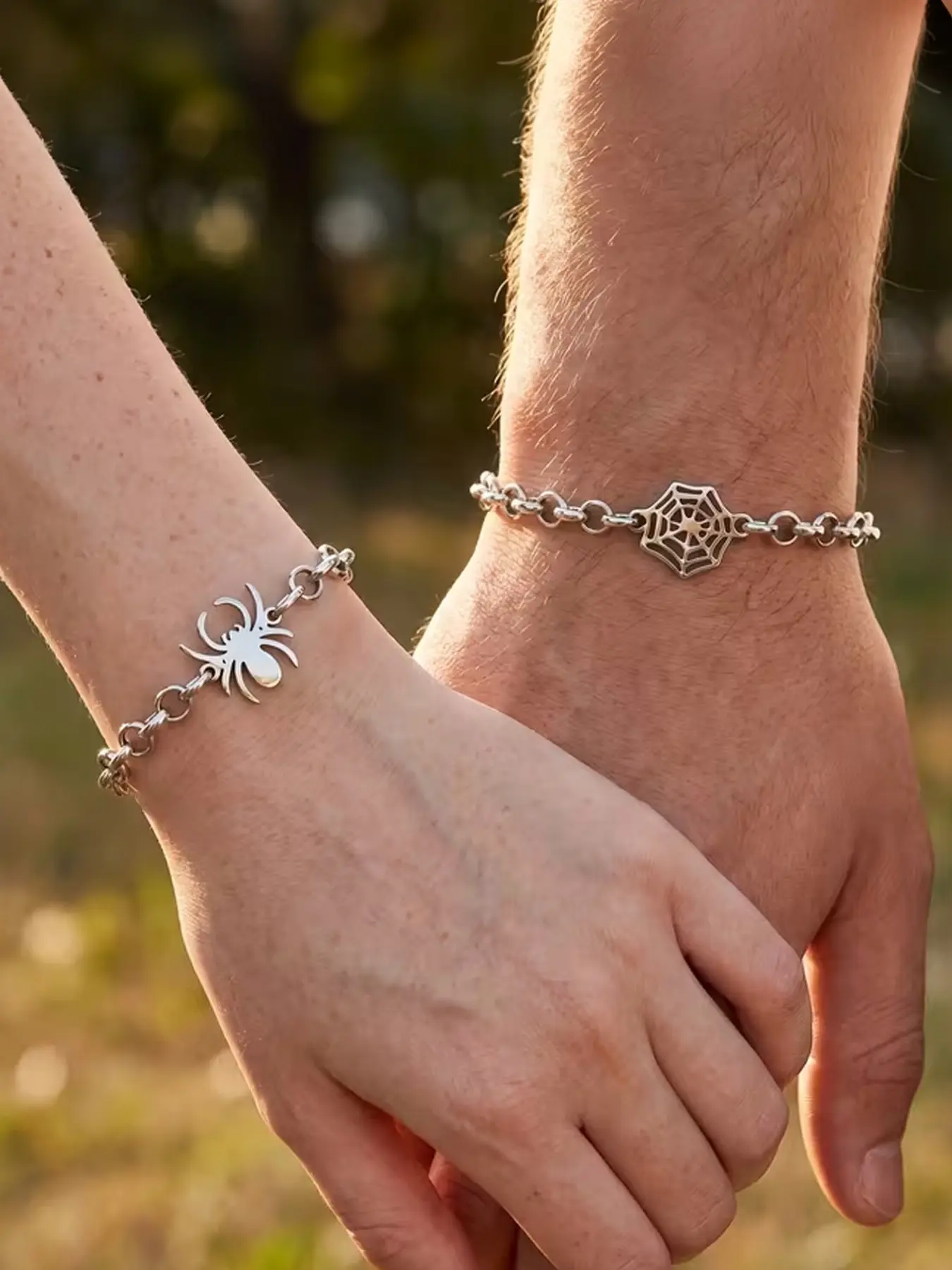 2 Piece Spider Web Bracelet Set, Silver Color Stainless Steel, Gothic Punk Y2K Jewelry, Halloween Gift for Friends, Couples, Jewelry Bracelets
