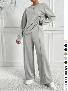 women's solid color drop shoulder sweatshirt & elastic waist pants two-piece set, lady casual fashion cozy breathable soft two piece outfits for daily outdoor wear, women clothes for spring & fall, womenswear