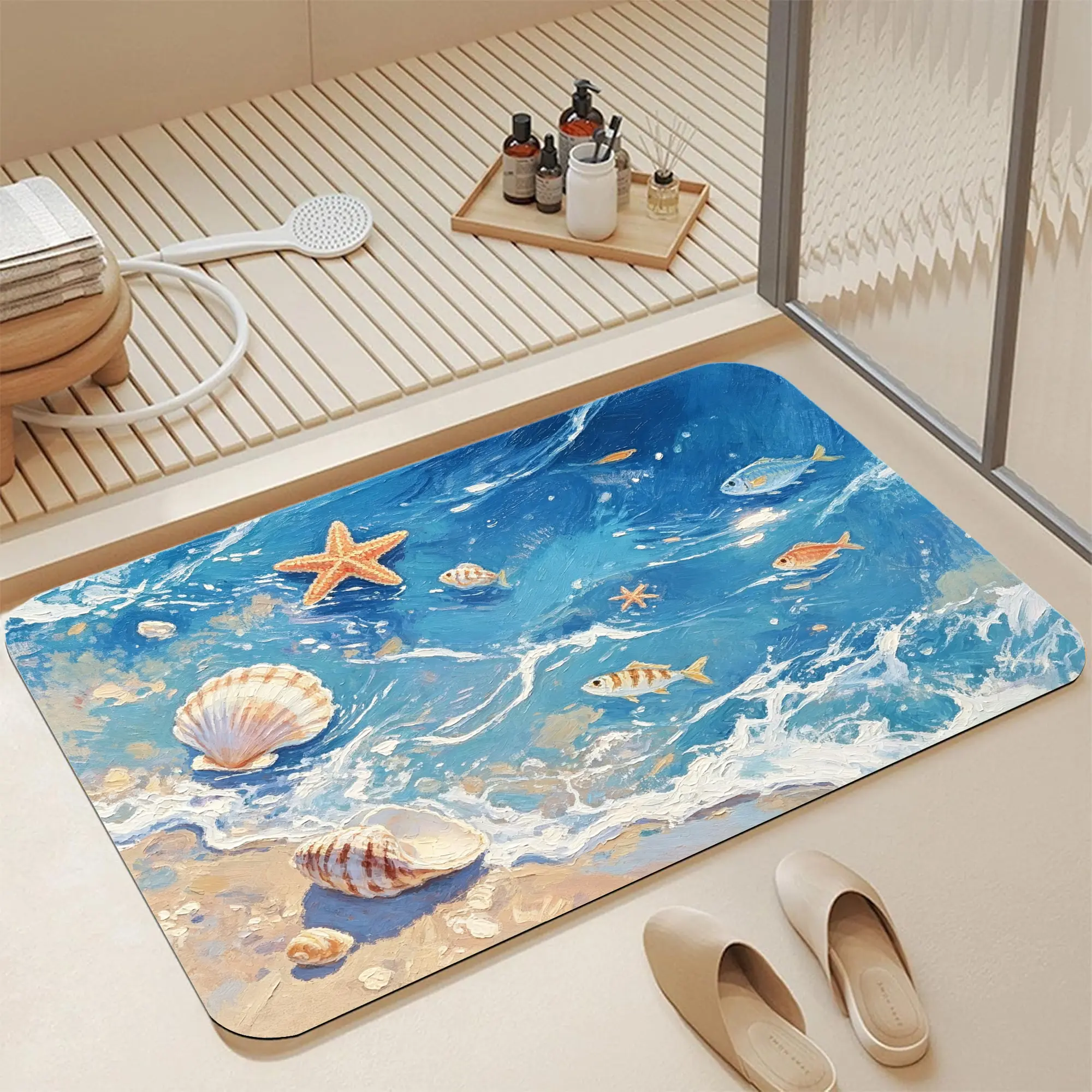 16*24" Textured Oil Painting Beach Wave Seashell Starfish Marine Life Diatomite Bath Mat |   Instant Dry Non Slip Coastal Ocean Shore Scallop Tropical Fish Impasto Art Print Diatomaceous Earth Bath Mat Fast Absorbent Summer Nautical Seashore Seashell Star