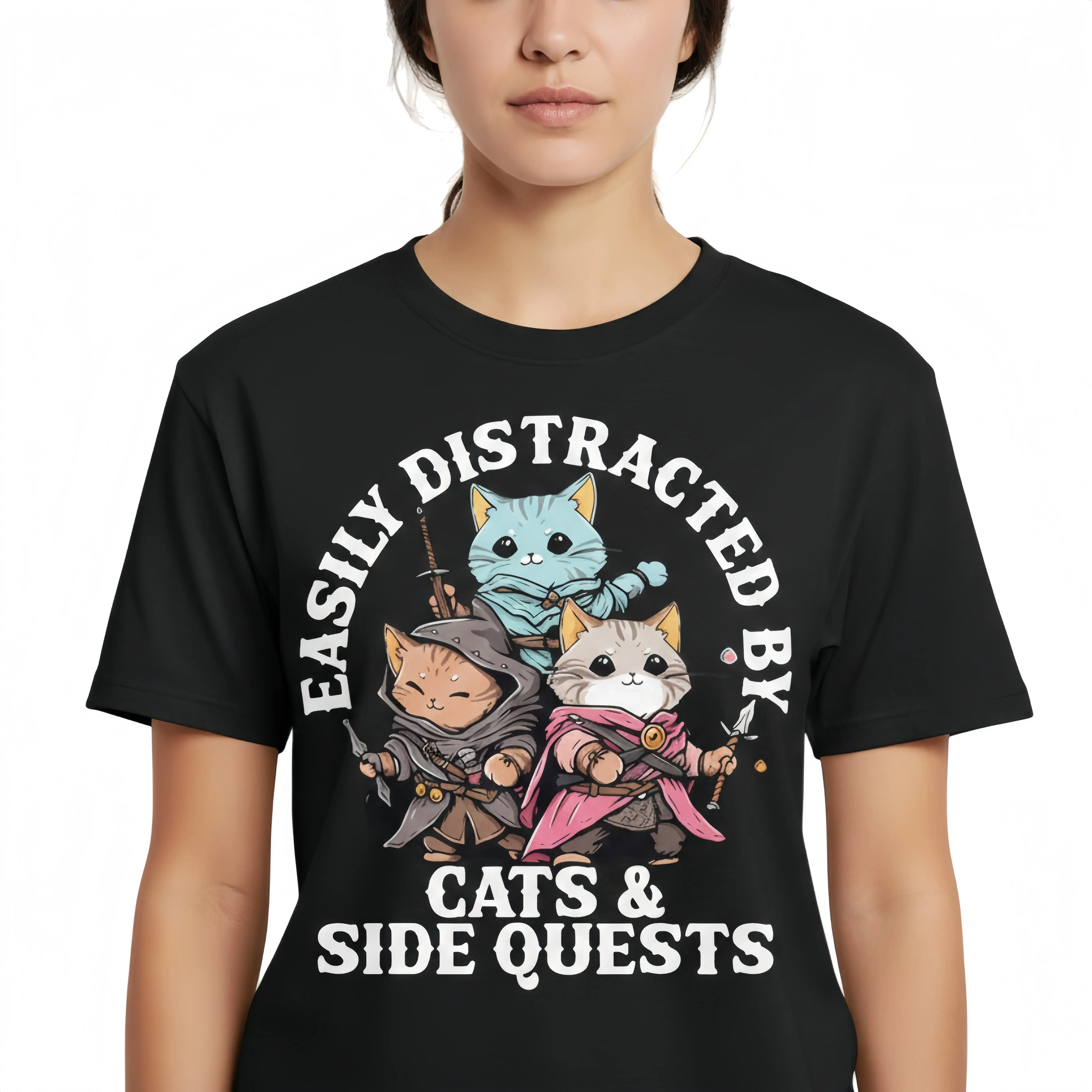 Easily Distracted by Cats and Side Quests T-Shirt Funny RPG Gamer Graphic Tee DND Lovers Gift Retro Fantasy Adventure Cat Apparel Unisex Soft Cotton Gaming Shirt Harajuku Streetwear Top Black Round Neck  gift springglowup,summervibes