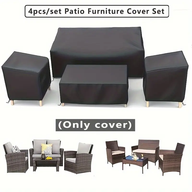 4-Piece 420D Heavy-Duty Patio Furnishings Cover Set, Includes 1 Sofa, 2 Chairs & 1 Coffee Table Protectors with Adjustable Drawstrings, Suitable for Courtyard, Balcony Use