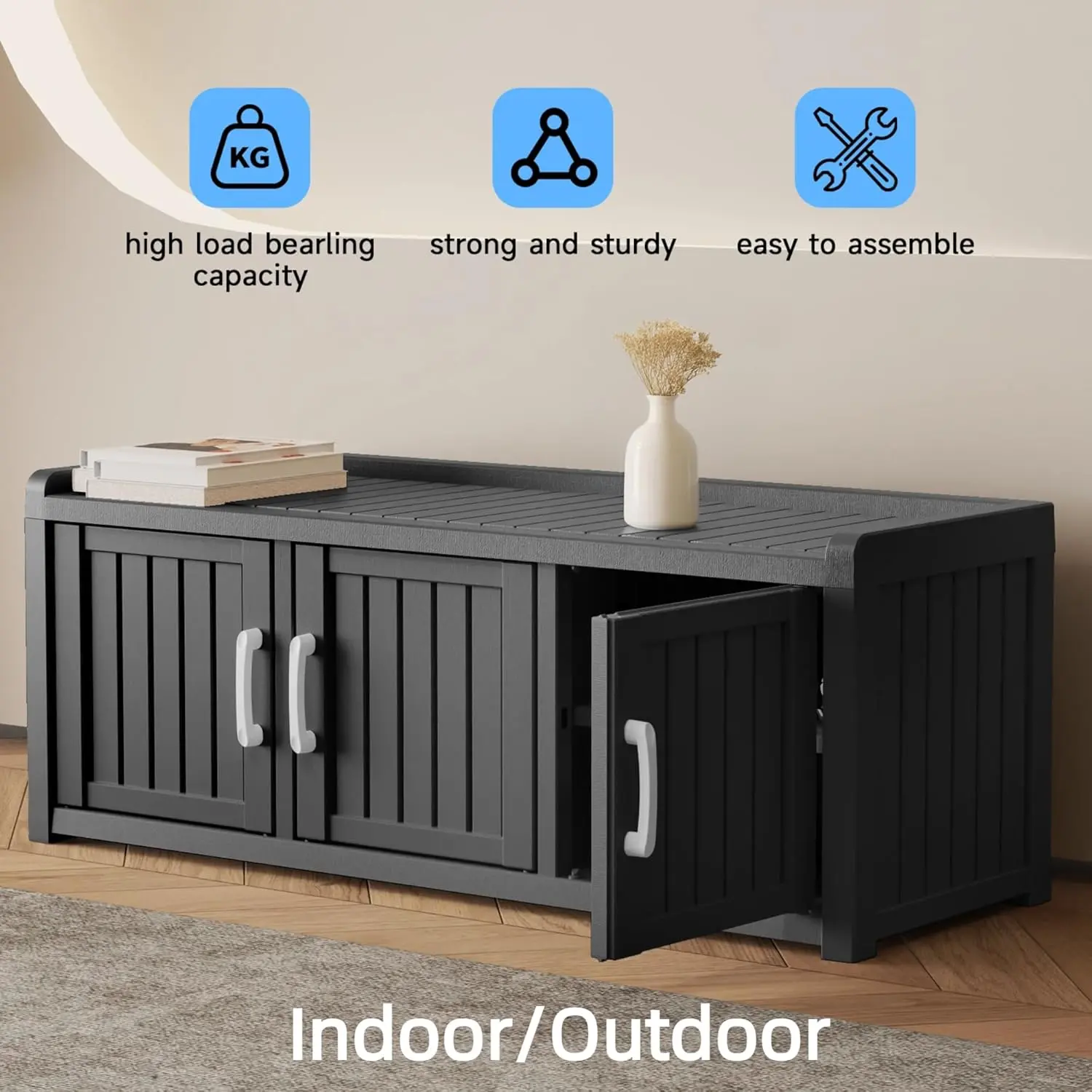 Large Capacity Modern Resin Shoe Cabinet with 3 Barn Doors - All-Weather Indoor/Outdoor Freestanding Shoe Rack Suitable for Entryway, Porch, Patio & Hallway - Assembly, Shoe Storage Organizer with Upper Shelf & Doors