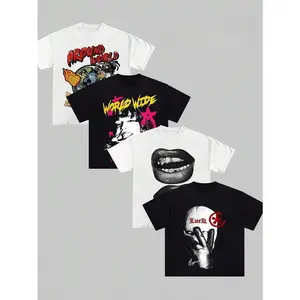 T-Shirt Set, Soft Cotton Round Neck Unisex Casual Tees, Retro "Around the World" & "World Wide" Graphic Bundle, Bold Lip & Ski Mask Prints, Versatile Alt & Hip-Hop Style Apparel for Outdoor Trips & Daily Street Styling