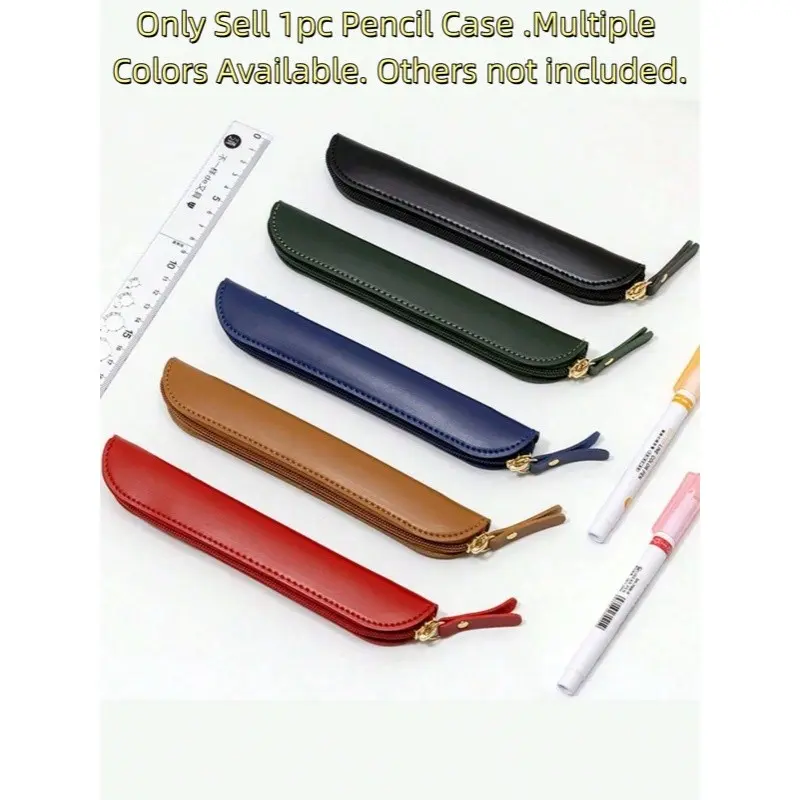 1pc Fashionable Simple Leather Pencil Case, Soft Skin-Friendly Material, Vintage Multi-Functional Zipper Stationery Organizer, Writing Correction Tools, Student School Supplies, Office Supplies
